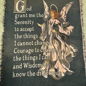 Serenity Prayer God Grant me AA WOVEN BLANKET THROW Angel 48x60 vtg jacquard